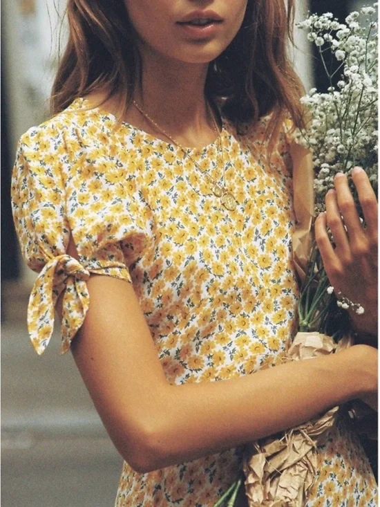 Faithfull the Brand Daphne Mini Dress Sz 8 Yellow Floral Rayon Summer Dress EUC - Picture 3 of 11